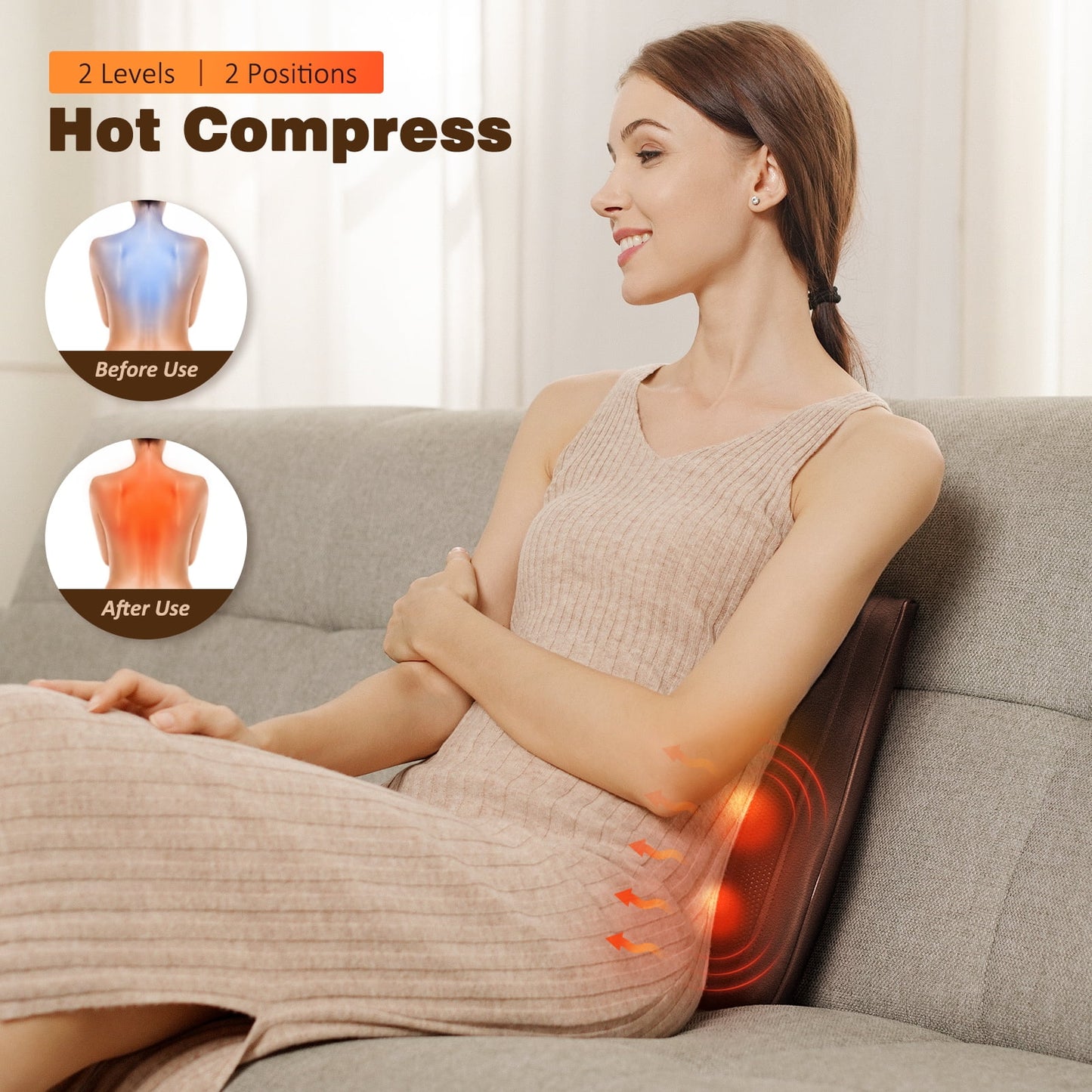 Back Massager with Heat and Vibration, Shiatsu Neck Massager Pillow Deep Tissue, Brown