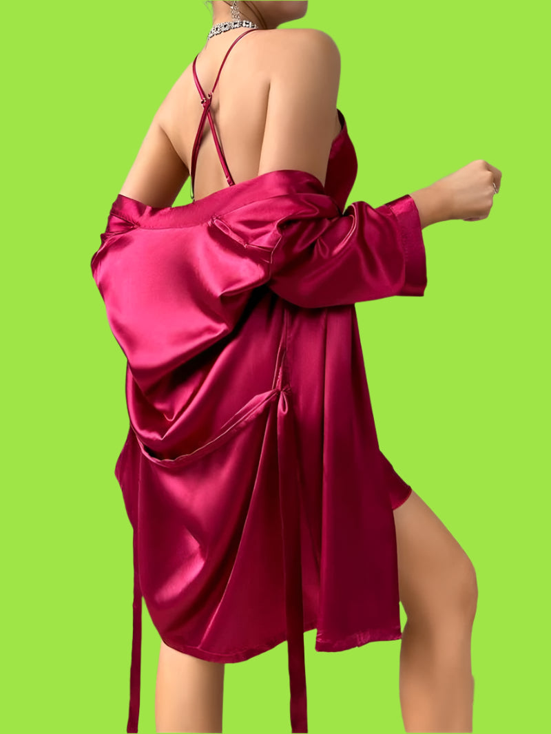 Two-Piece Set Women'S Solid Color Belted Robe & Criss Cross Cami Nightdress Satin Pyjama, Casual Comfy Long Sleeve Robe & Sleeveless Nightgown, Women'S Sleepwear for All Seasons